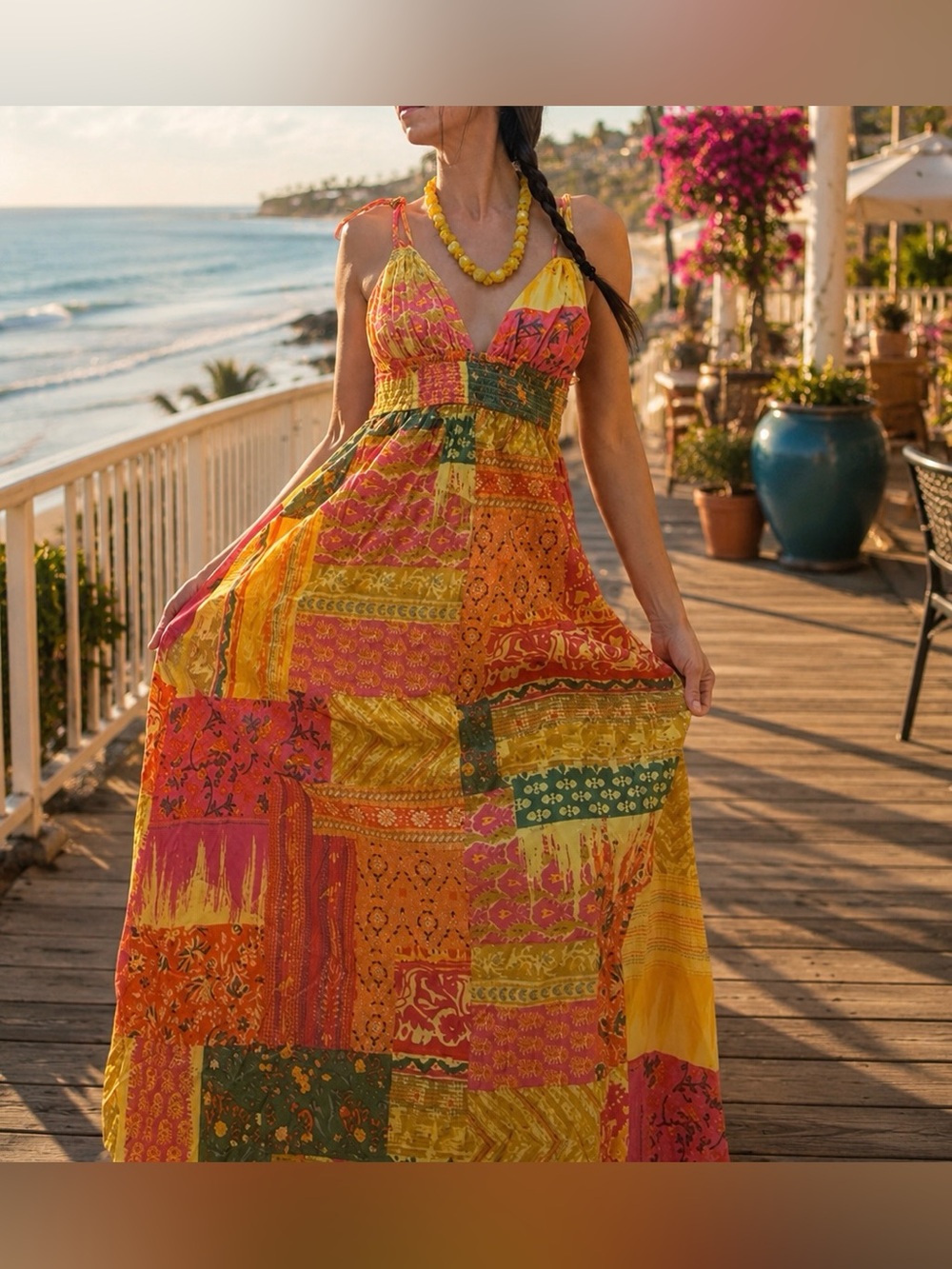 NWT En Crème Patchwork Paradise Cotton Maxi Dress Multicolor Orange Magenta Size